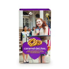 Girl Scout Caramel DeLites caramel topping close-up — rich texture with caramel, coconut, and chocolate stripes.