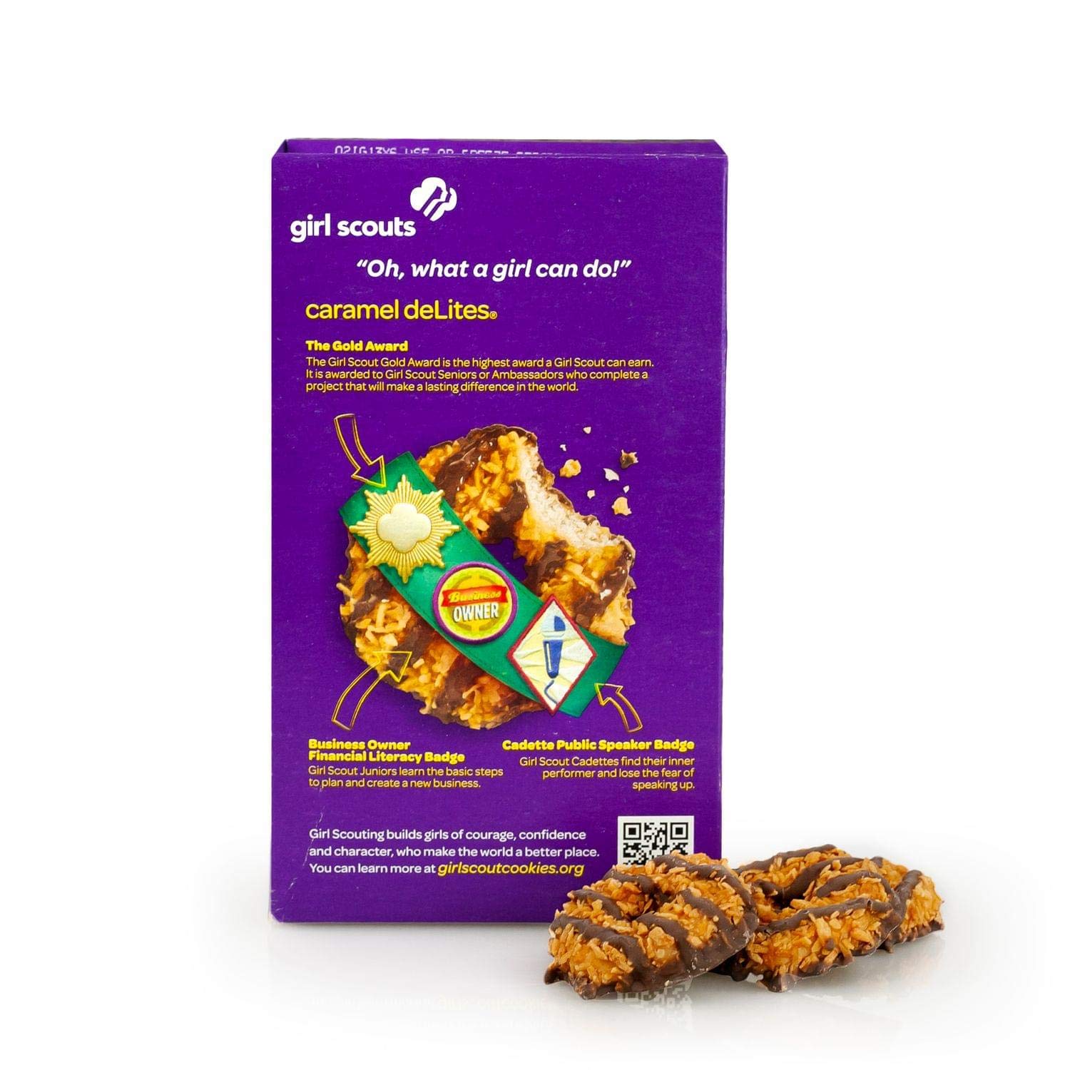 Girl Scout Caramel DeLites vanilla cookie slice — caramel drizzle and chocolate stripes for indulgent contrast.