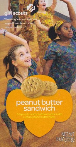 Girl Scout Cookies Peanut Butter Sandwich close-up showing creamy filling for a satisfying snack.