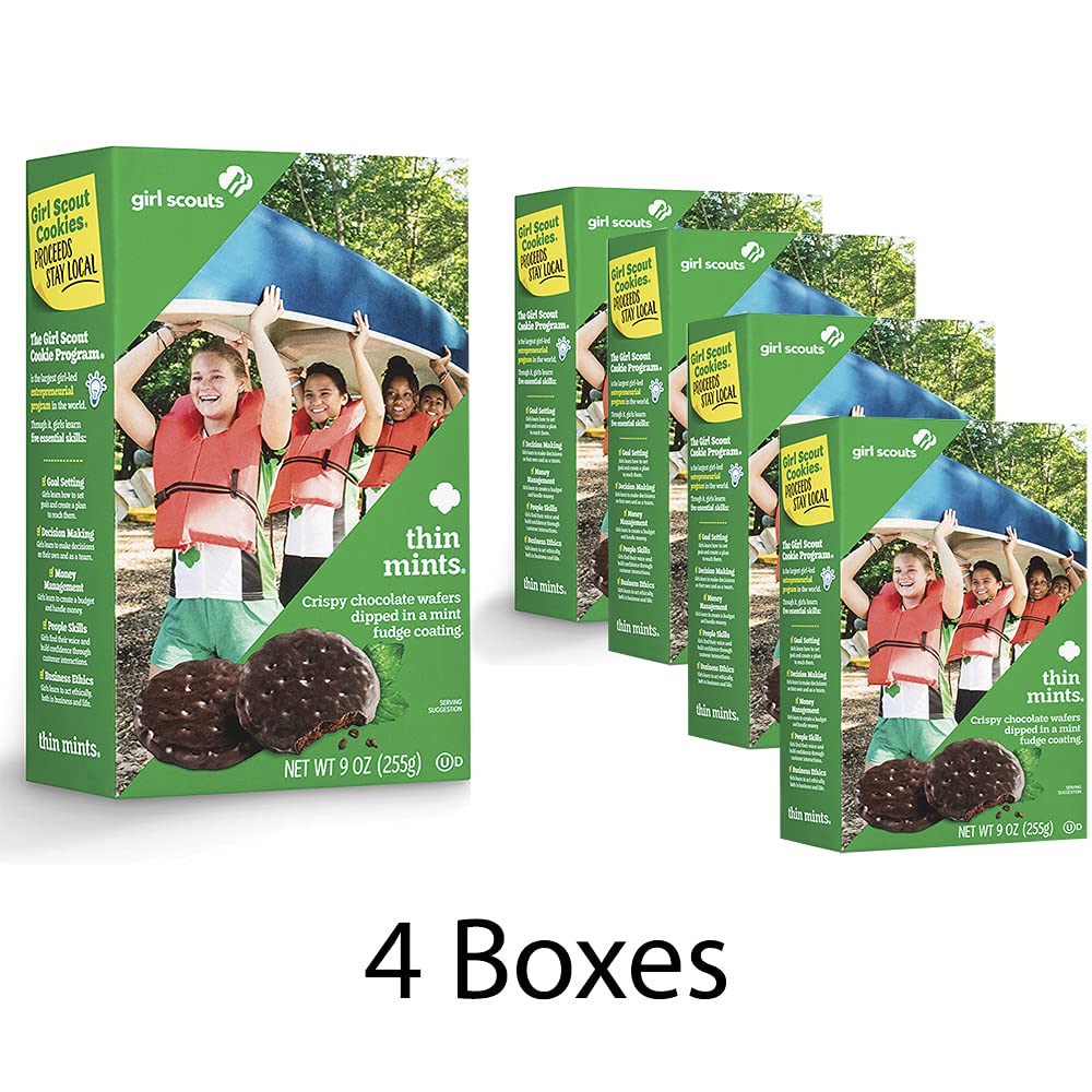 Four-box display of Girl Scout Thin Mints ready for sharing or gifting.