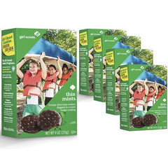 Girl Scout Thin Mints packaging close-up highlighting premium mint chocolate flavor for snacking.