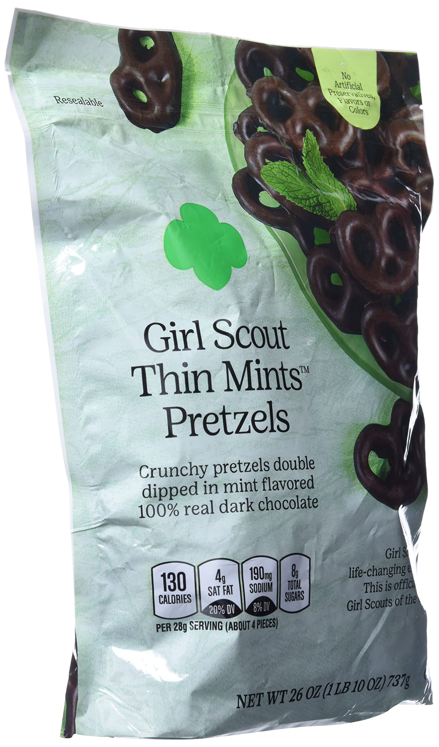 Girl Scout Thin Mints Pretzels 26 oz bag visible, resealable convenience.