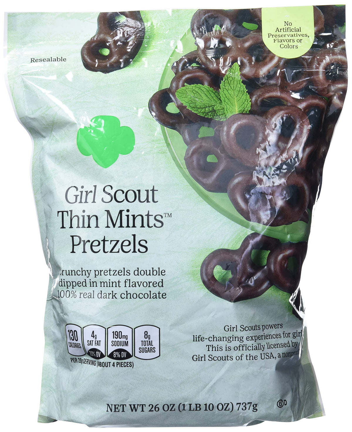 Girl Scout Thin Mints Pretzels close-up showing mint chocolate coating for snacking.