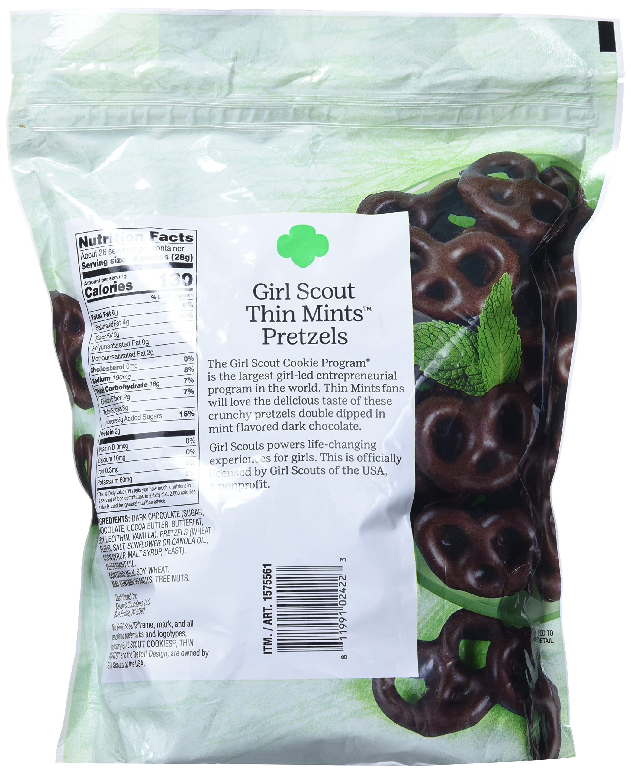 Girl Scout Thin Mints Pretzels mint coating detail for a flavorful bite.
