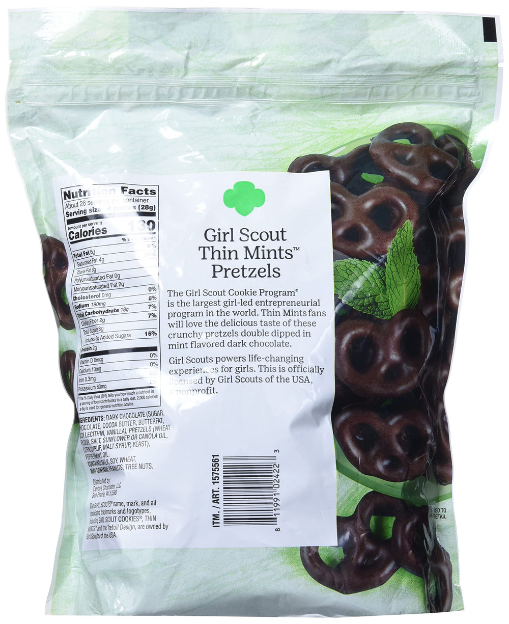 Girl Scout Thin Mints Pretzels mint coating detail for a flavorful bite.