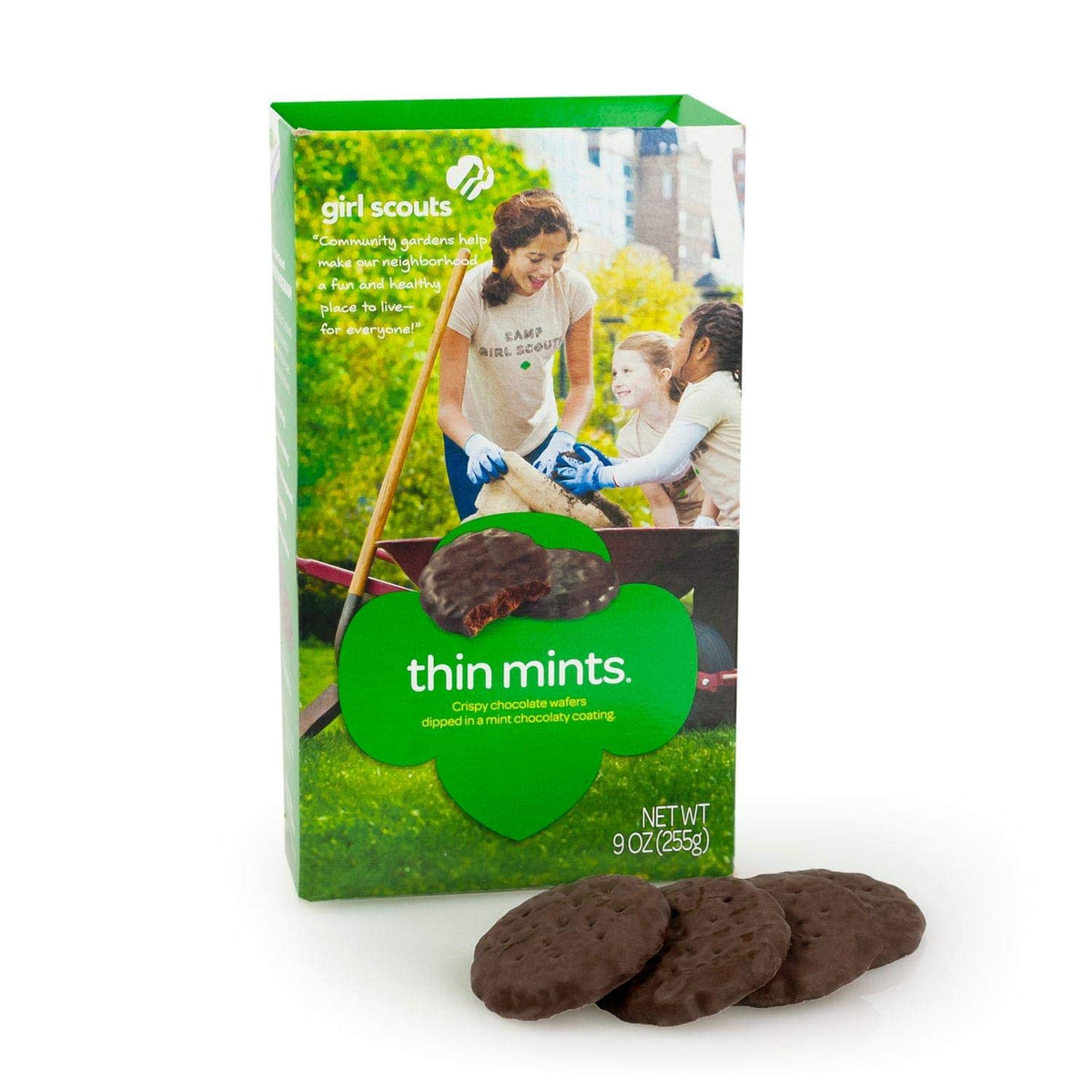 Girl Scouts Thin Mints box front, 32 cookies, mint coating—delightful party treat.