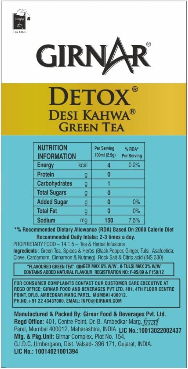GIRNAR Detox Green Tea foil-wrapped tea bags ready to steep.