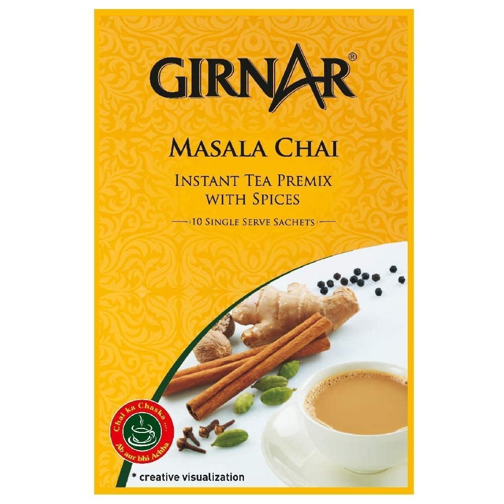 Packaging design of Girnar Instant Chai Premix with spice imagery