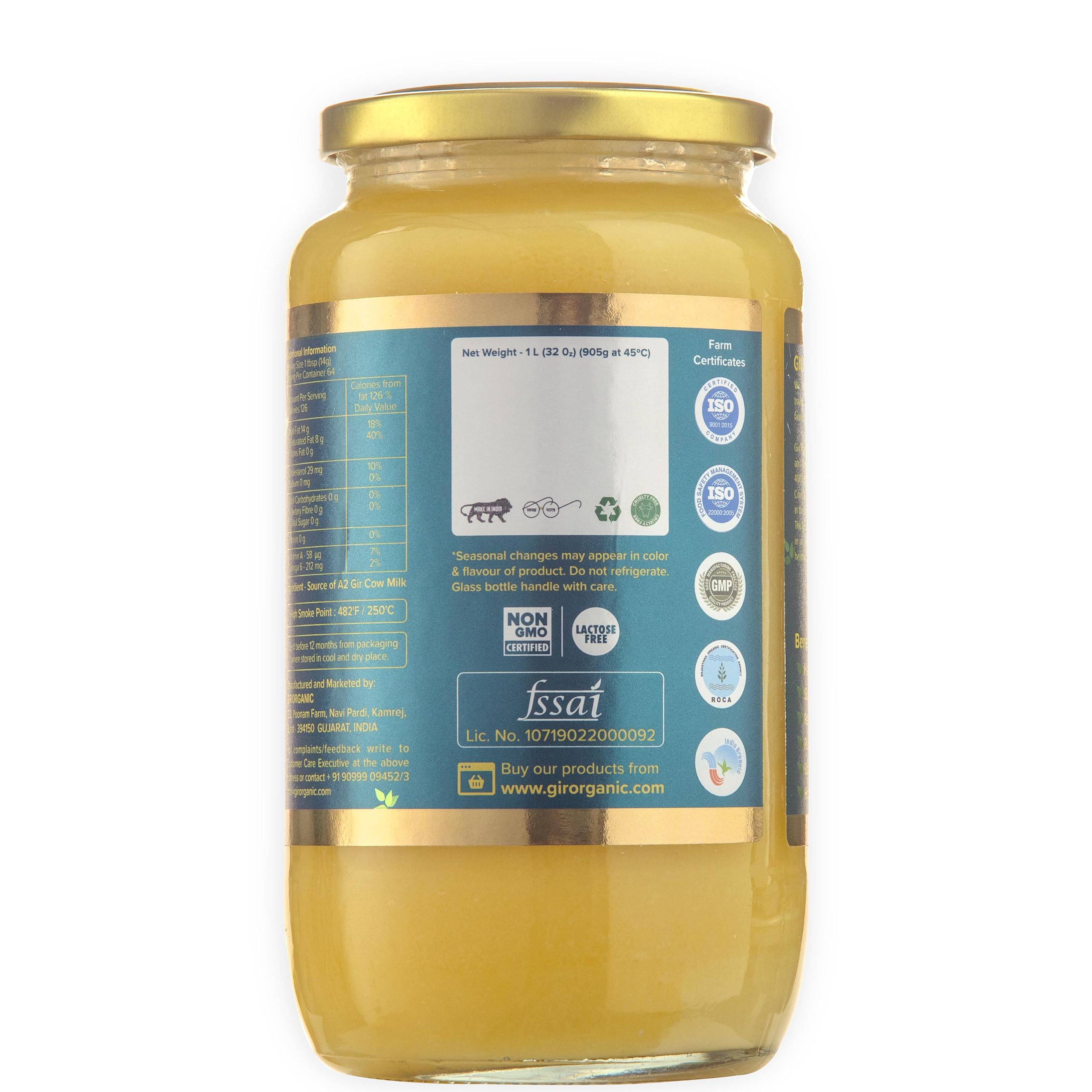 GirOrganic A2 Ghee ingredients label emphasizing gluten-free option.
