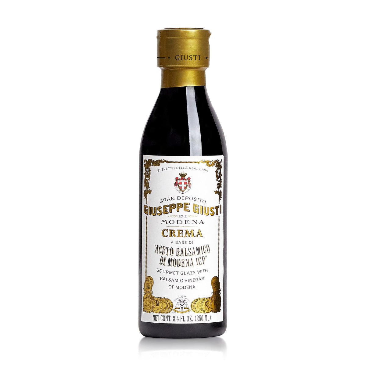 Giusti balsamic glaze bottle close-up highlighting authentic Modena IGP provenance for refined Italian flavor