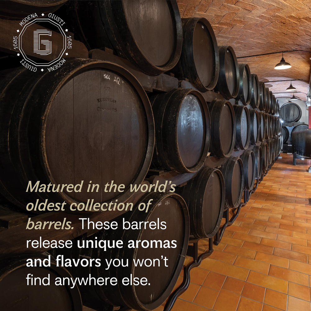Close-up of Giusti bottle highlights traditional Modena maturation
