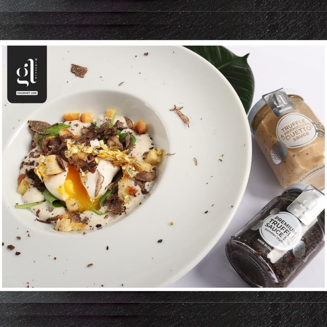 GL Truffle Gourmet Line black truffle pâté spread on wood board evokes Italian charcuterie.
