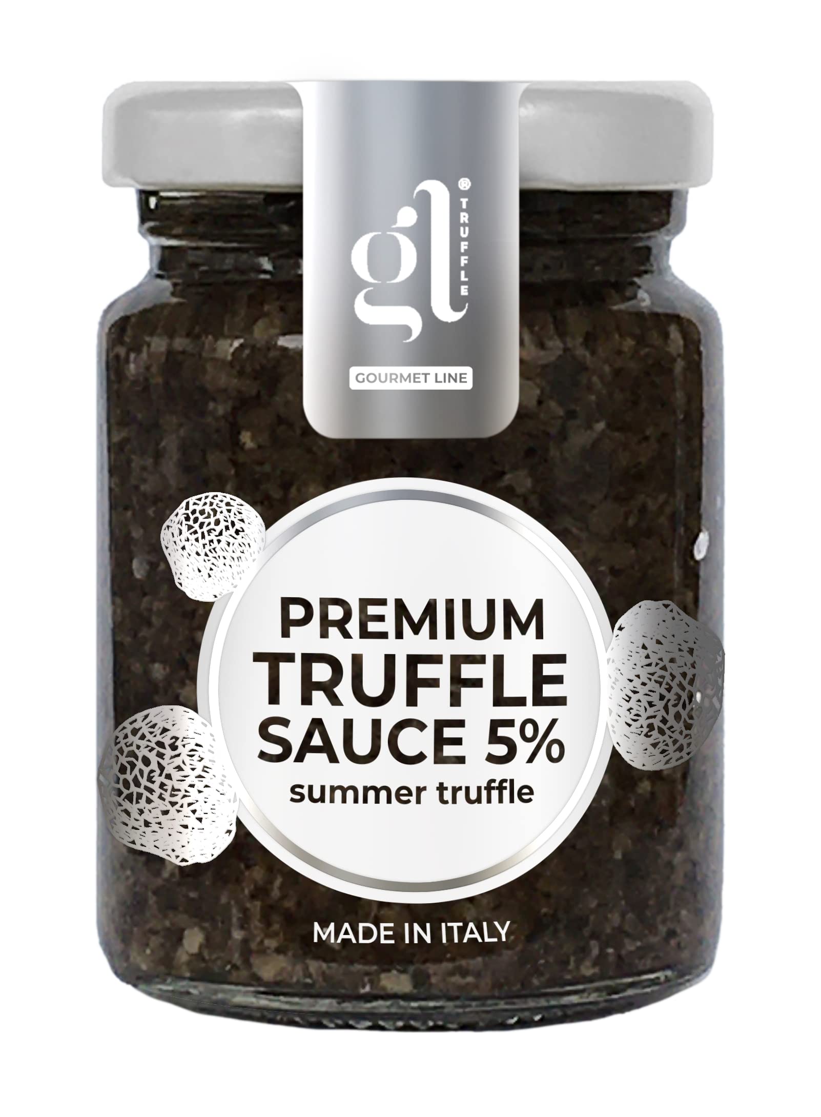 GL Truffle Gourmet Line premium minced black truffle sauce jar showcasing authentic Italian flavor.