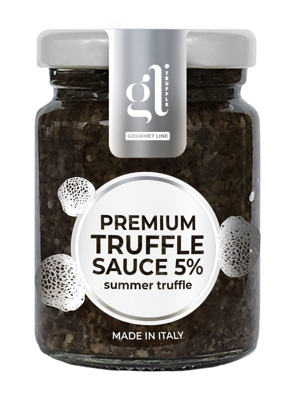 GL Truffle Gourmet Line premium minced black truffle sauce jar showcasing authentic Italian flavor.