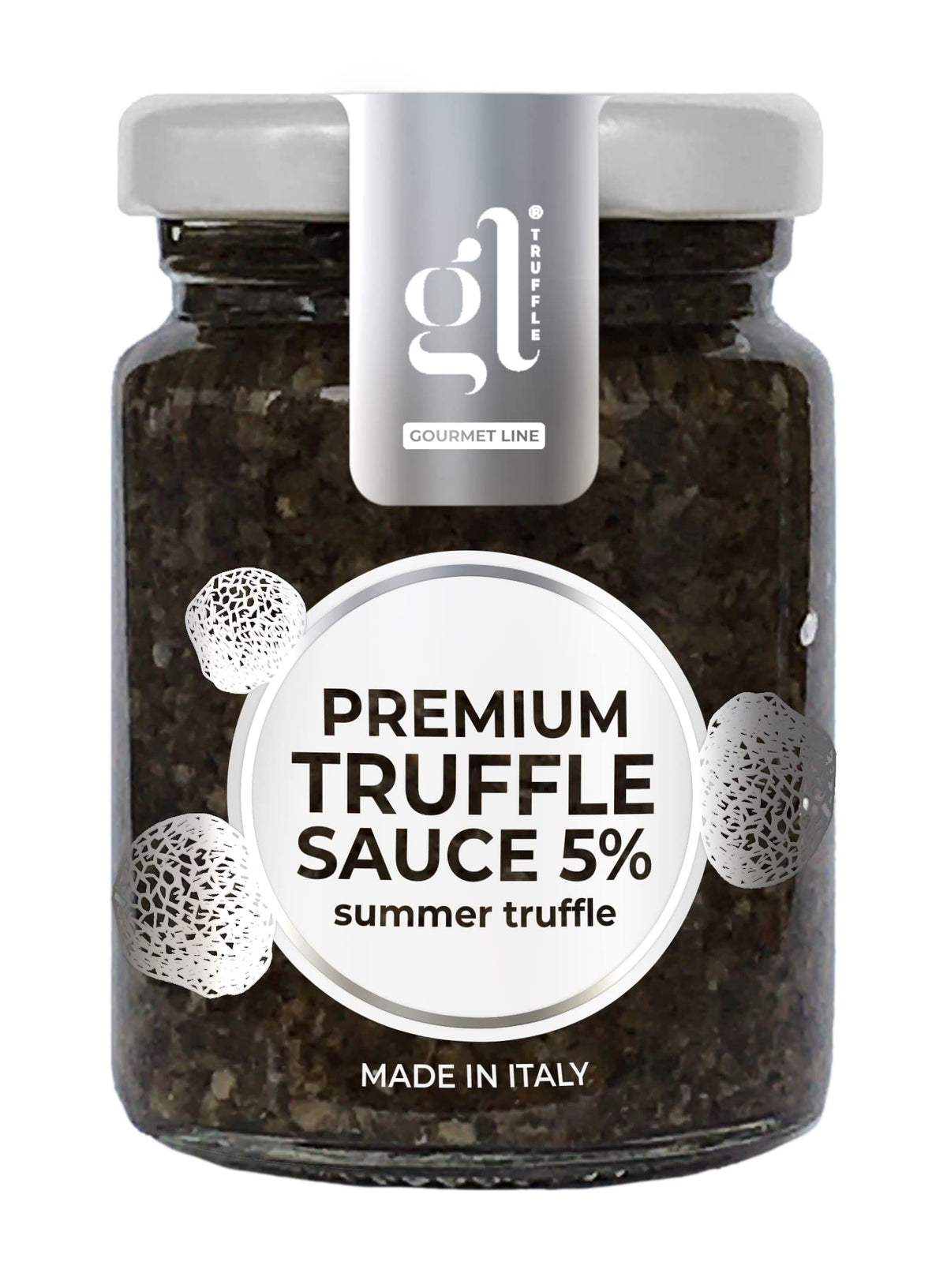 GL Truffle Gourmet Line premium minced black truffle sauce jar showcasing authentic Italian flavor.