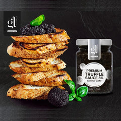 GL Truffle Gourmet Line salsa tartufata jar on board suggests versatile crostini spread.