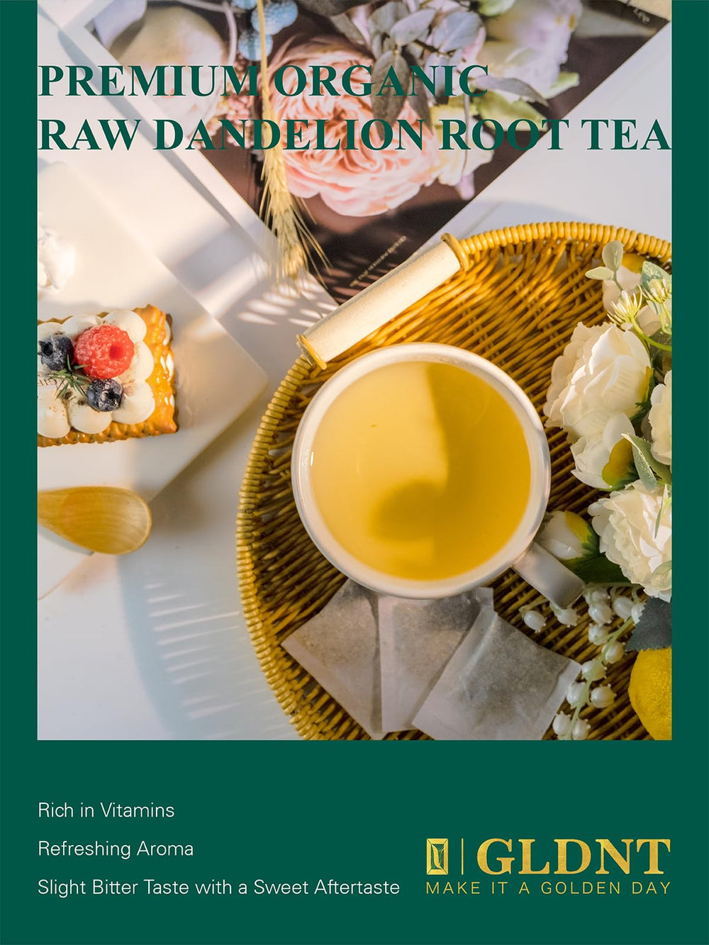 GLDNT dandelion tea aroma details with a subtle, pleasant aftertaste.