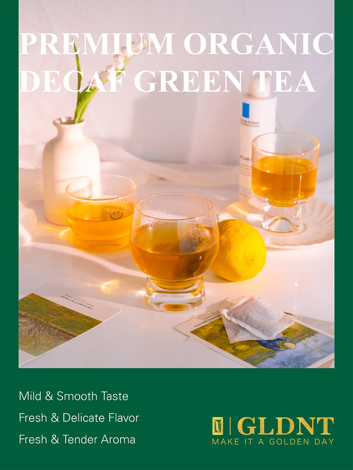 GLDNT Green Tea Bags brewed hot in a cup with a delicate taste