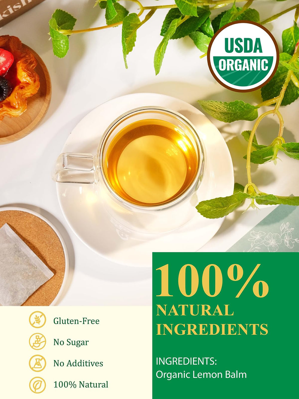 GLDNT Iced Lemon Balm Tea in a glass with bright, caffeine-free refreshment