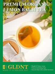 GLDNT Lemon Balm Tea Bags close-up highlighting smooth lemon aroma and honey-like sweetness