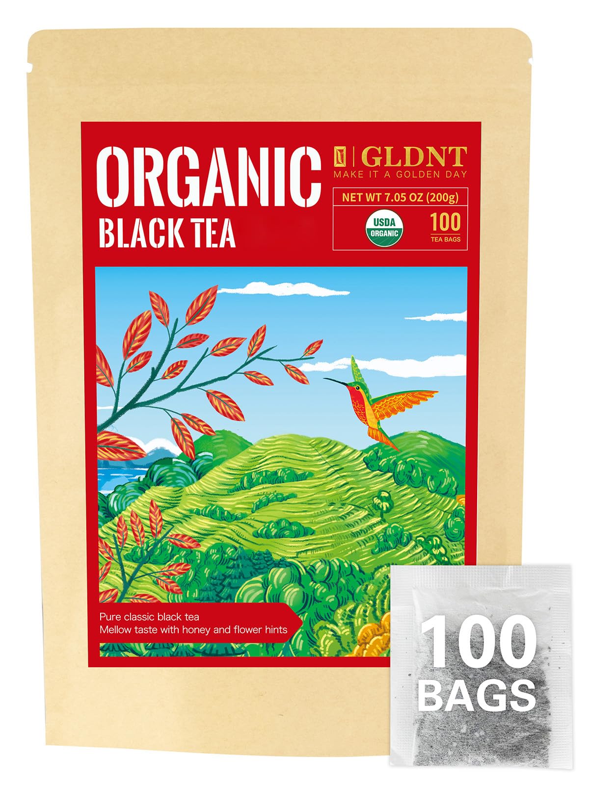 GLDNT Organic Black Tea Bags in a resealable pouch for freshness.