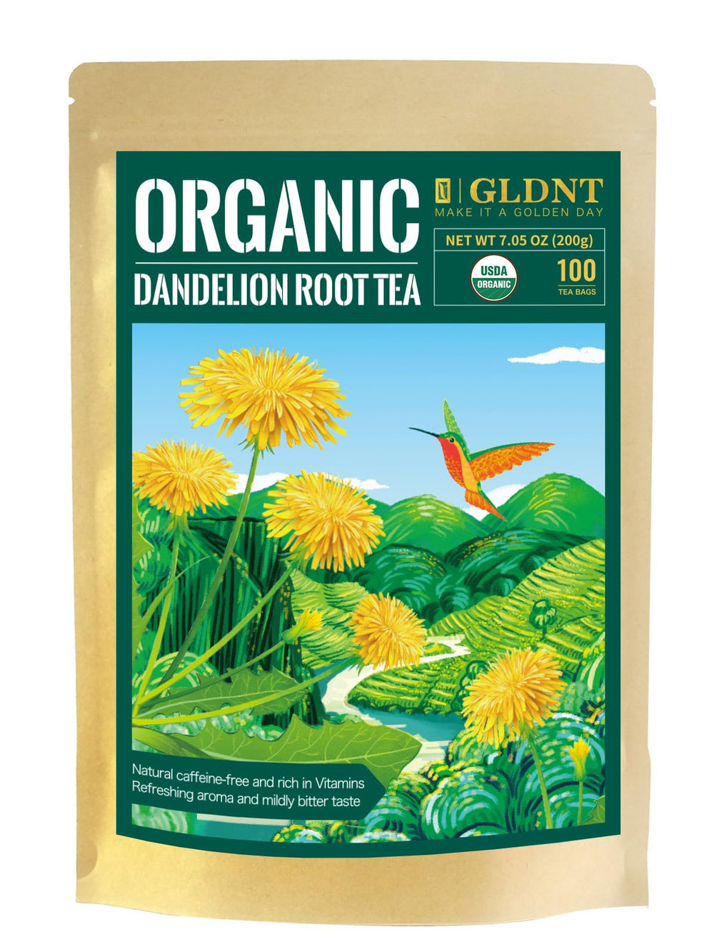 GLDNT organic dandelion tea bags in packaging protect freshness and aroma.