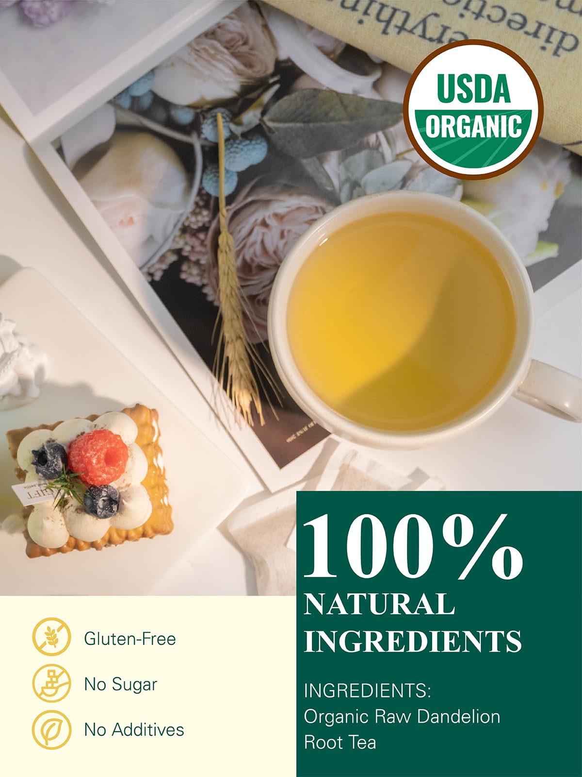 GLDNT premium dandelion tea bags illustrate quality with a smooth, natural flavor.