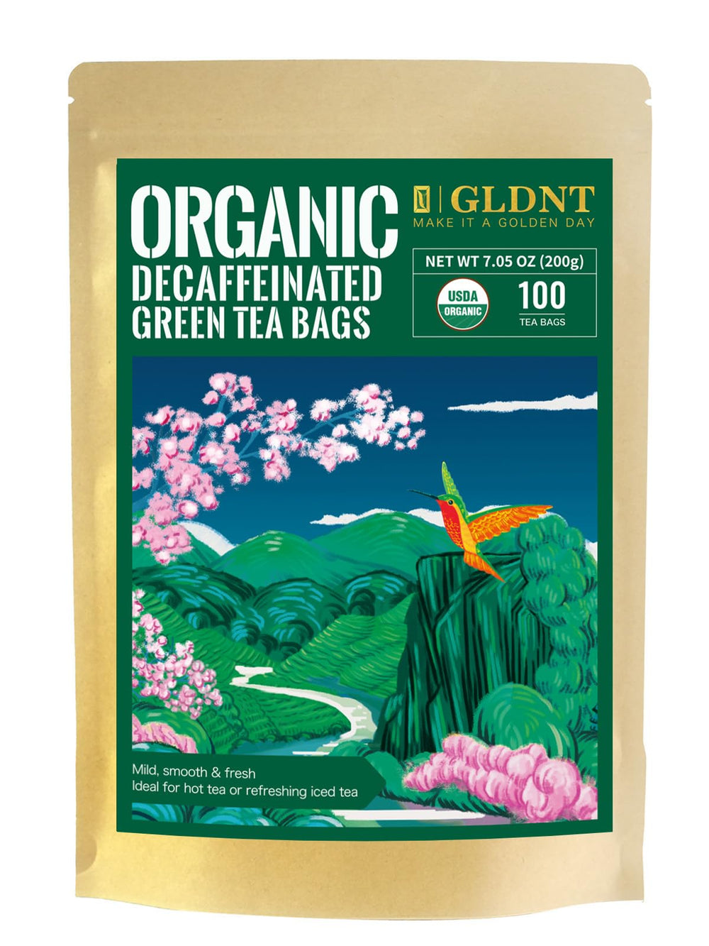 GLDNT Organic Decaf Green Tea Bags packaging highlights eco-friendly fiber bags
