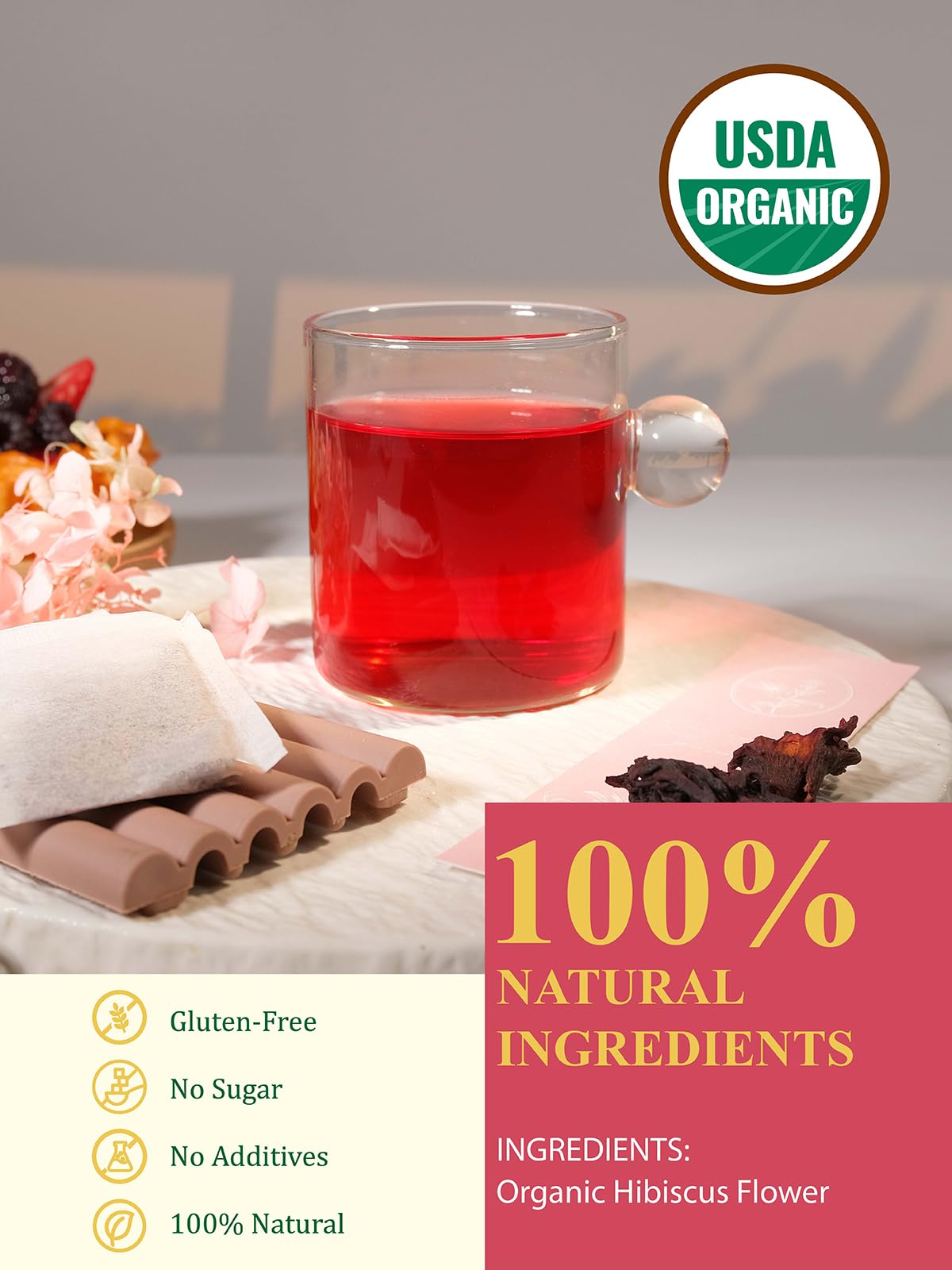 GLDNT tea bags in resealable foil pouches preserve aroma and color.