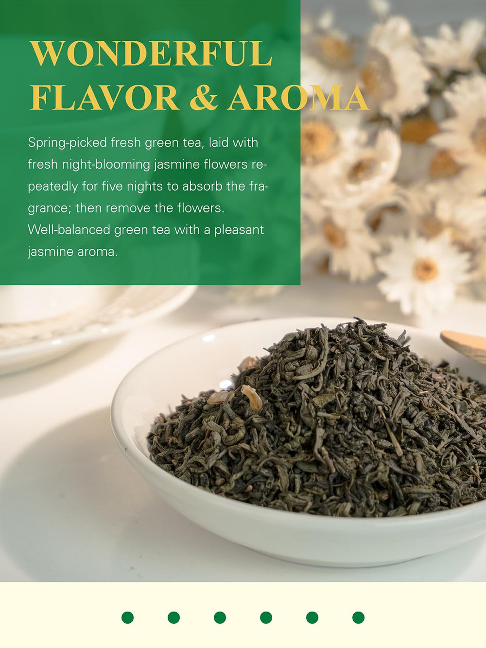 GLDNT Organic Jasmine Green Tea dry leaves closeup reveals pure leaves ideal for clean brewing.
