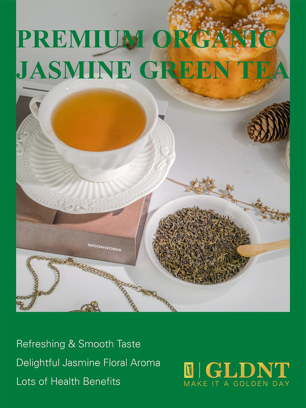 GLDNT Organic Jasmine Green Tea hot and iced serving suggests versatile use.