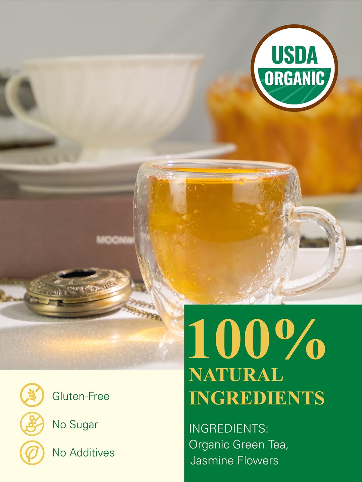 GLDNT Organic Jasmine Green Tea jasmine fragrance highlights inviting aroma for relaxing tea time.