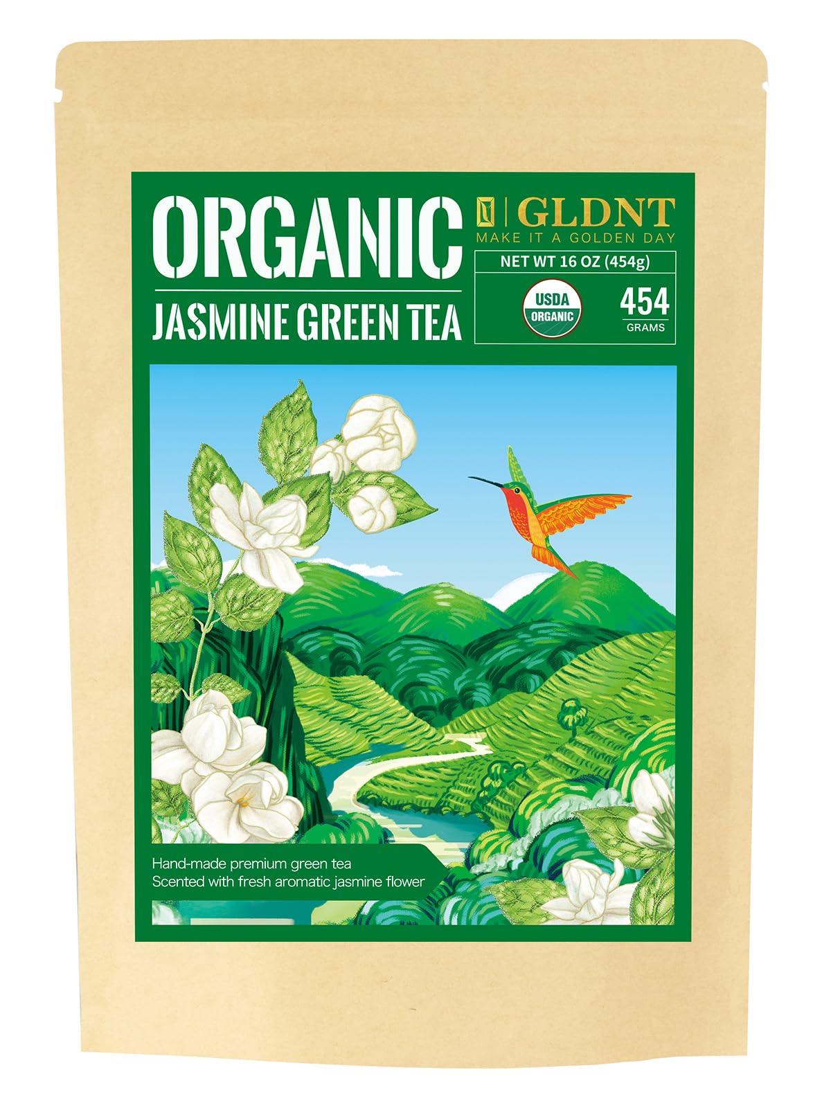 GLDNT Organic Jasmine Green Tea loose leaf bundle highlights premium quality for customizable brews.