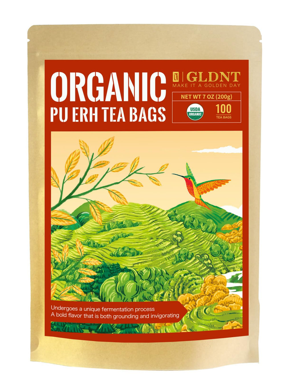 GLDNT Organic Pu-erh tea bags from wild old trees for a balanced, bold brew.