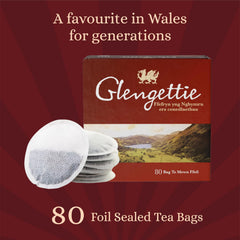 Authentic Glengettie Wales tea front box, premium heritage visual.