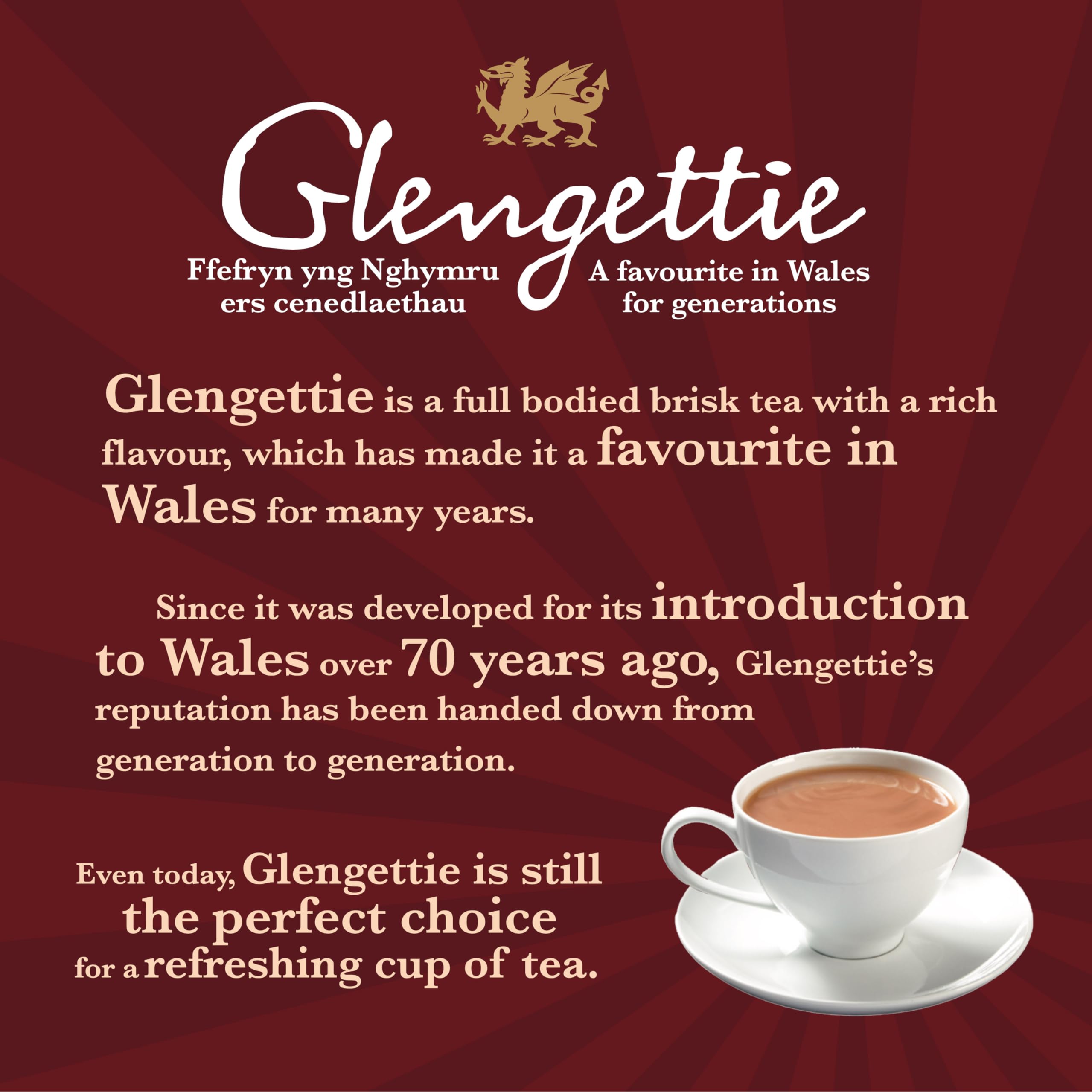 Steeping Glengettie tea with steaming aroma in a cup.