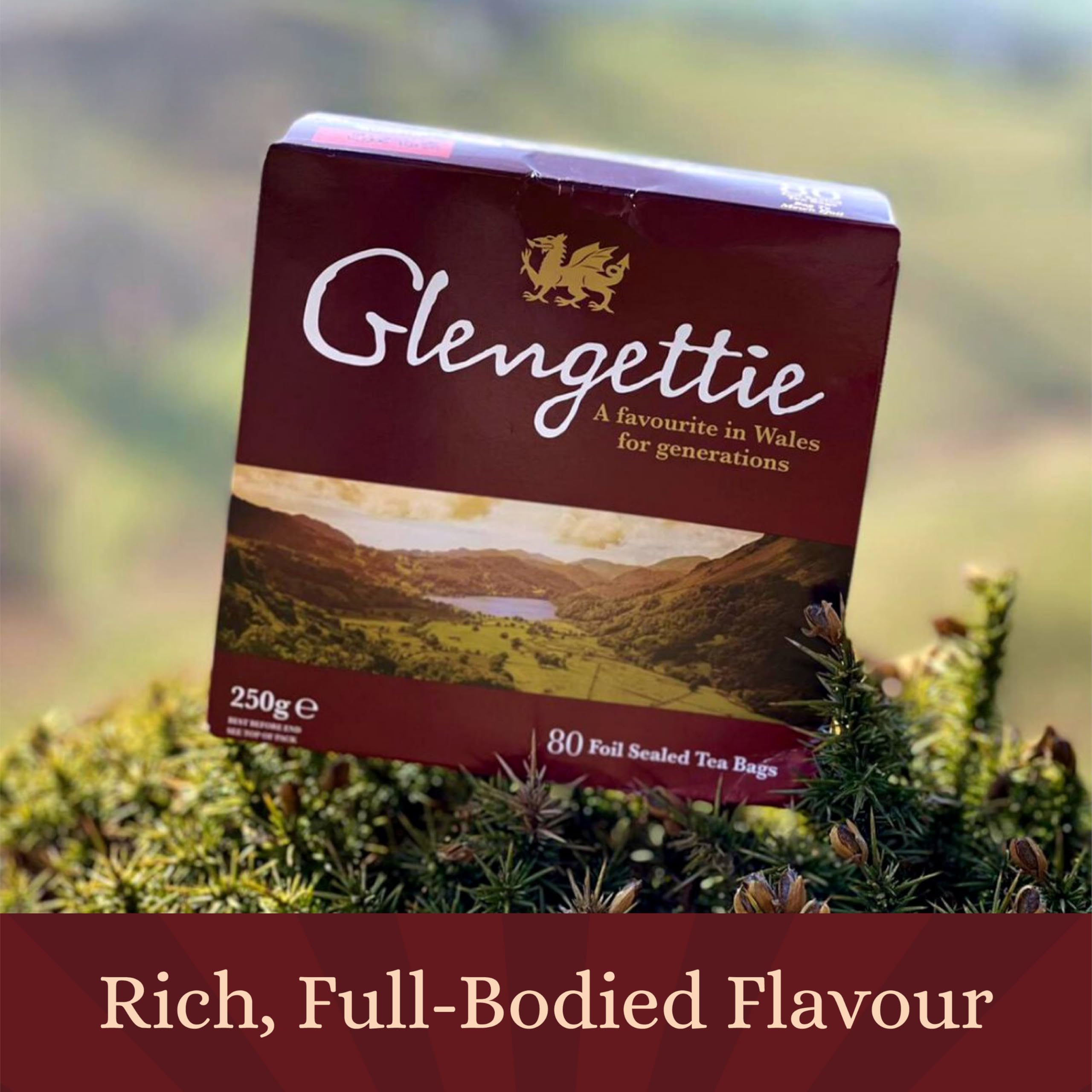 Closeup of Glengettie tea bags in foil packaging.