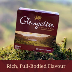Closeup of Glengettie tea bags in foil packaging.