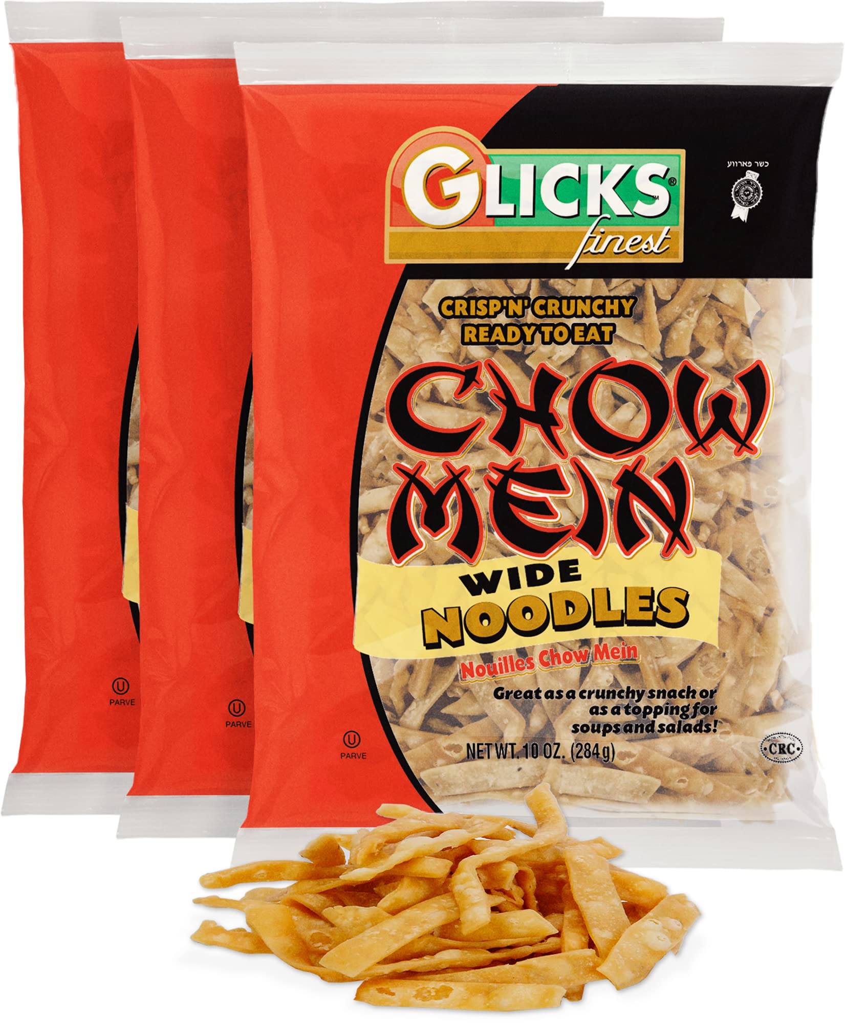 Glicks Wide Chow Mein Noodles bag showing crisp texture ready for snacking and cooking