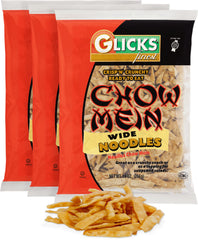 Glicks Wide Chow Mein Noodles bag showing crisp texture ready for snacking and cooking