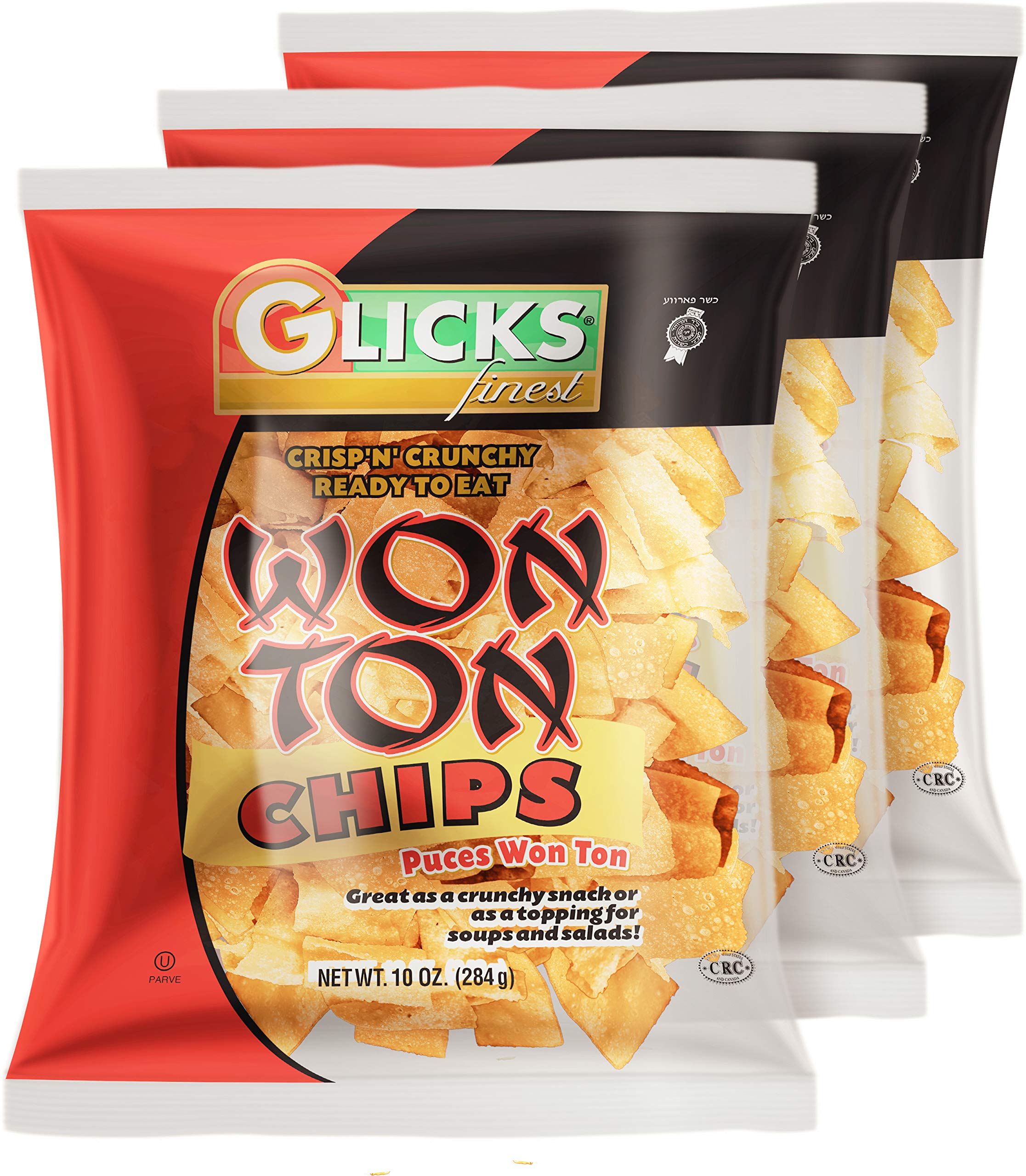 Glicks Wonton Chips 10oz bag showcases crispy, golden snack ideal for quick bites.