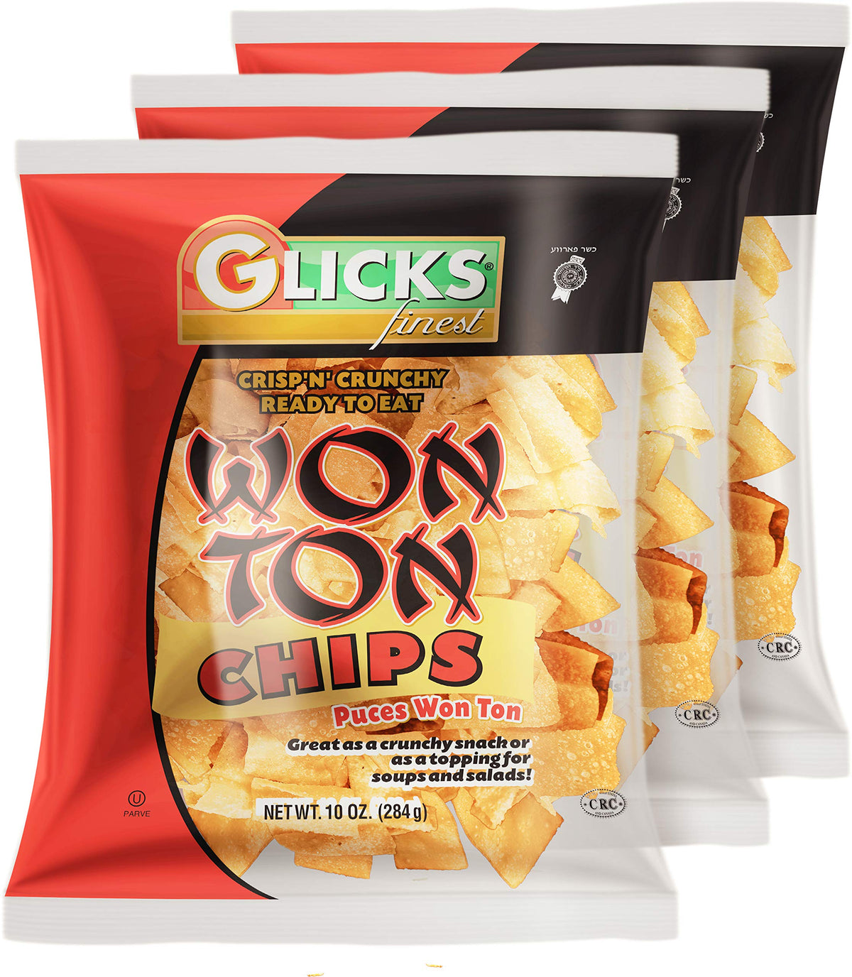 Glicks Wonton Chips 10oz bag showcases crispy, golden snack ideal for quick bites.