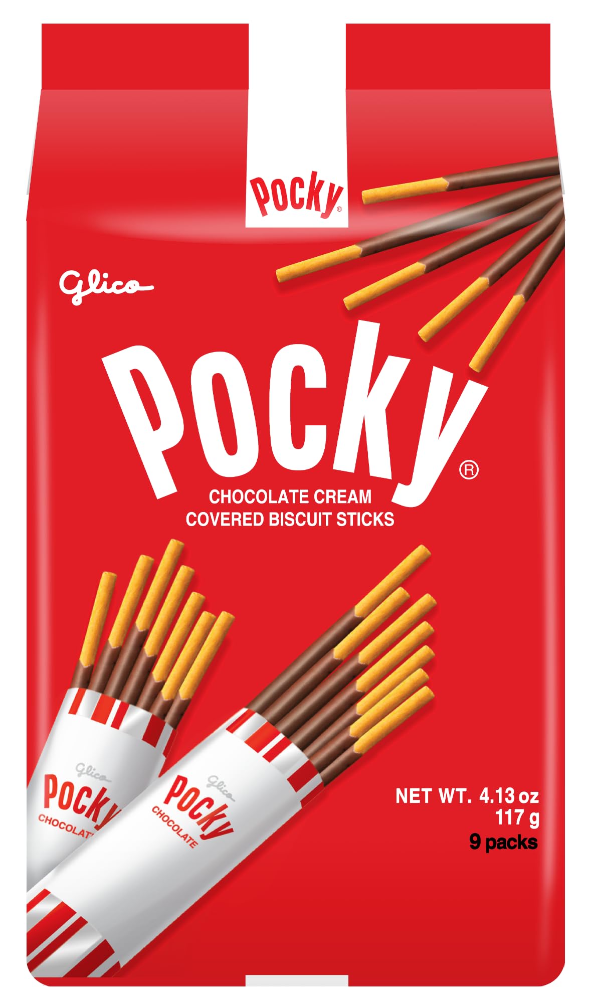 Glico Pocky chocolate cream-coated biscuit stick close-up showing crisp texture.