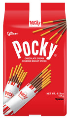 Glico Pocky chocolate cream-coated biscuit stick close-up showing crisp texture.
