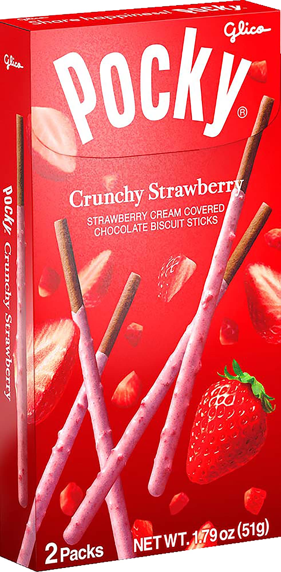 GLICO Pocky Crunchy Strawberry coated biscuit sticks in a 1.79 oz pack for on-the-go snacking.