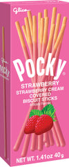 Glico Pocky Strawberry front view showing 20-box pack, ideal for sharing.