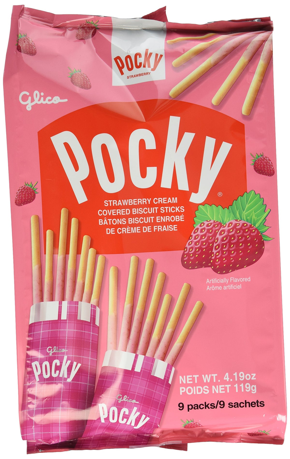 Glico Strawberry Family Pocky stick front view showing crispy biscuit with strawberry cream