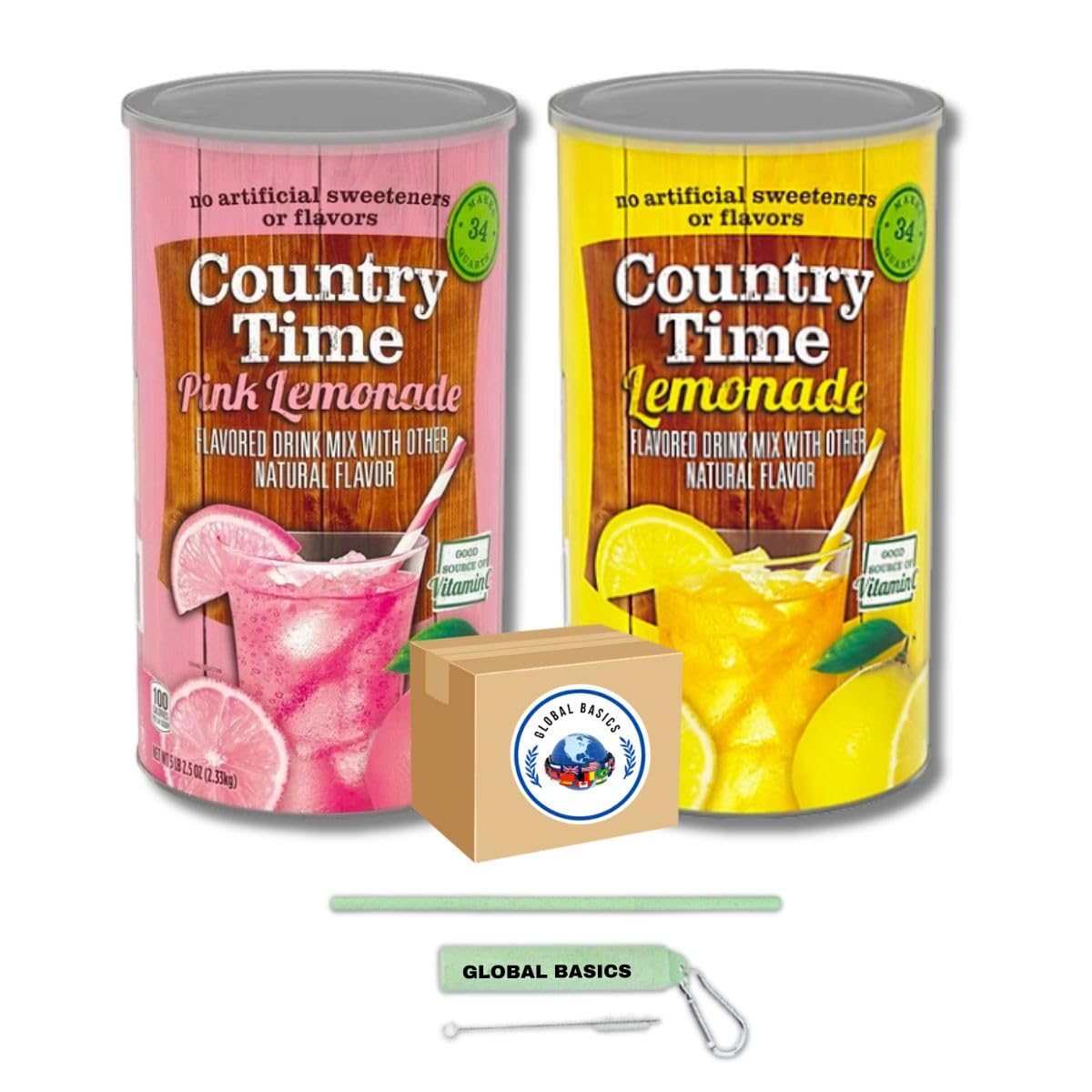 Global Basics Country Time lemonade powder canister for easy, mess-free mixing.