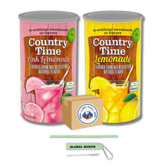 Global Basics Country Time lemonade powder canister for easy, mess-free mixing.