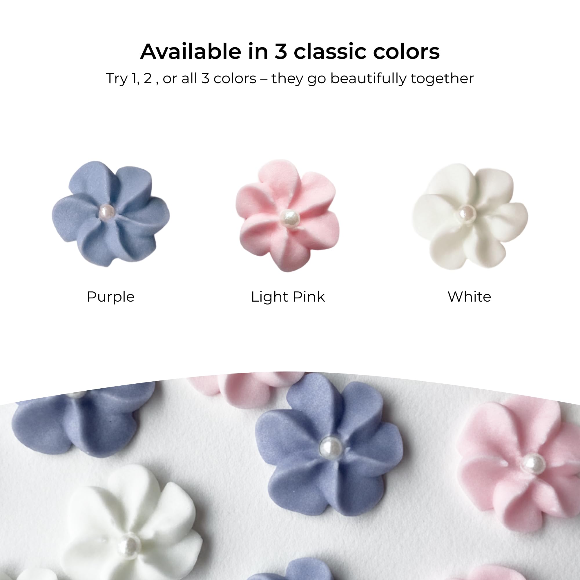 Global Sugar Art pink pearl icing flowers add charm to cupcakes and cookies.